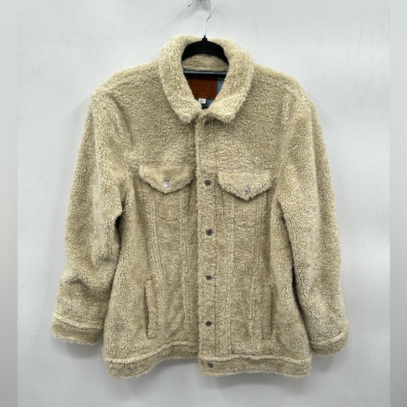 LUCKY BRAND Faux sherpa cream snap button American style woman trucker jacket L - Picture 2 of 15